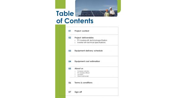 Solar Energy System Sales And Setup Table Of Contents One Pager Sample Example Document