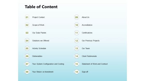 Solar Power Plant Technical Table Of Content Designs PDF