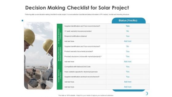 Solar System Implementation And Support Service Decision Making Checklist For Solar Project Microsoft PDF