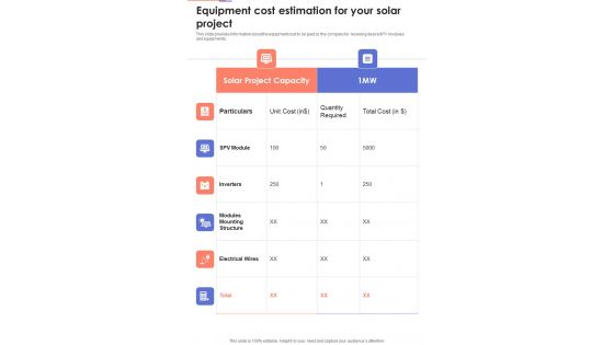 Solar System Installation Services Equipment Cost Estimation One Pager Sample Example Document