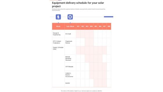 Solar System Installation Services Equipment Delivery Schedule One Pager Sample Example Document