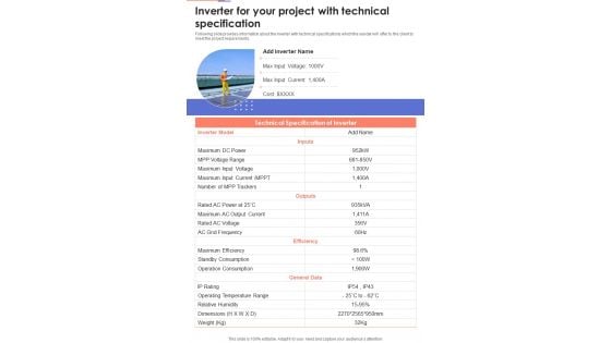 Solar System Installation Services Inverter For Your Project With Technical One Pager Sample Example Document