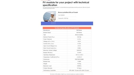 Solar System Installation Services PV Module For Your Project One Pager Sample Example Document Solar System Installation Services PV Module For Your Project One Pager Sample Example Document