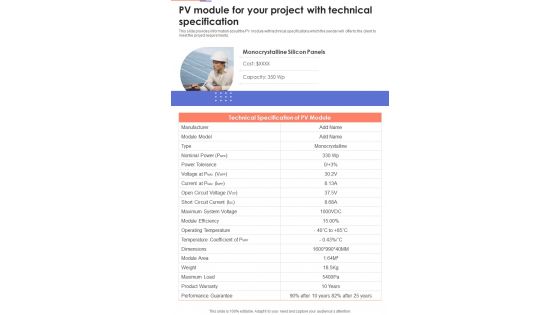 Solar System Installation Services PV Module For Your Project One Pager Sample Example Document