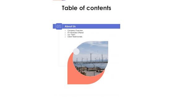 Solar System Installation Services Table Of Contents One Pager Sample Example Document