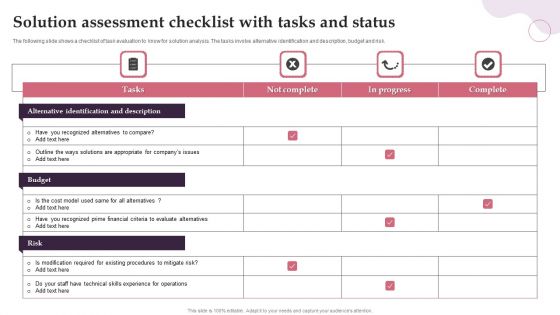 Solution Assessment Checklist With Tasks And Status Summary PDF Solution Assessment Checklist With Tasks And Status Summary PDF