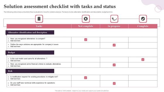 Solution Assessment Checklist With Tasks And Status Summary PDF