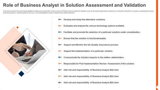 Solution Monitoring Verification Role Of Business Analyst In Solution Assessment Sample PDF