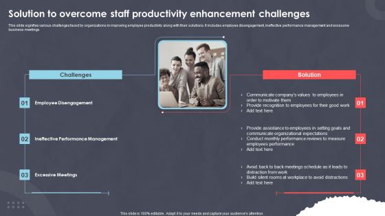 Solution To Overcome Staff Productivity Enhancement Challenges Ppt PowerPoint Presentation Show Example Topics PDF