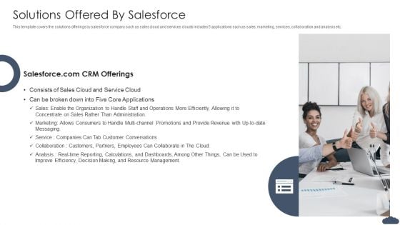 Solutions Offered By Salesforce Pitch Deck Of Salesforce Elevator Fundraising Summary PDF Solutions Offered By Salesforce Pitch Deck Of Salesforce Elevator Fundraising Summary PDF