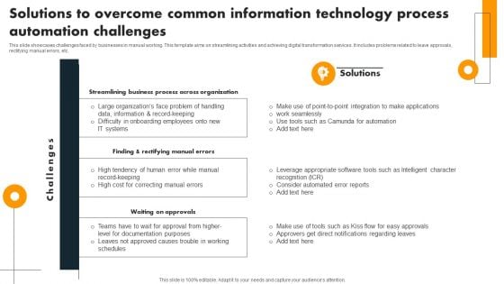 Solutions To Overcome Common Information Technology Process Automation Challenges Summary PDF Solutions To Overcome Common Information Technology Process Automation Challenges Summary PDF