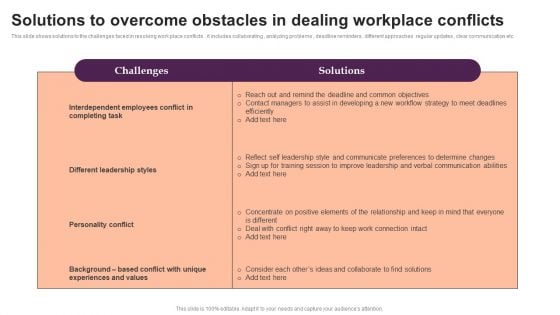 Solutions To Overcome Obstacles In Dealing Workplace Conflicts Topics PDF