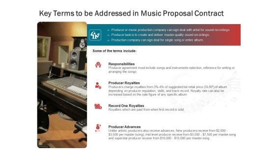 Sound Production Firm Agreement Key Terms To Be Addressed In Music Proposal Contract Ppt Slides Portrait PDF
