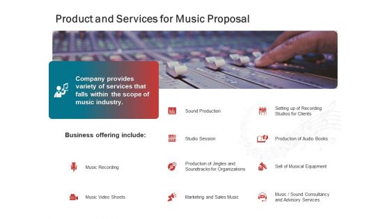 Sound Production Firm Agreement Product And Services For Music Proposal Ppt File Deck PDF
