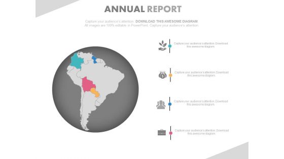 South America Map On Globe For Annual Growth Report Powerpoint Slides