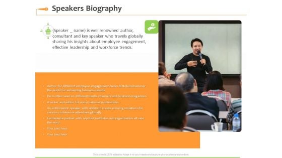 Speaking Engagement Speakers Biography Ppt Pictures Tips PDF