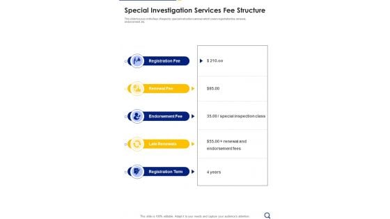 Special Investigation Services Fee Structure One Pager Sample Example Document
