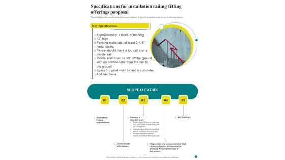 Specifications For Installation Railing Fitting Offerings Proposal One Pager Sample Example Document