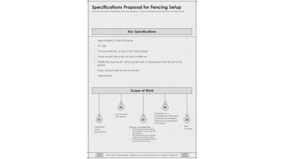 Specifications Proposal For Fencing Setup One Pager Sample Example Document