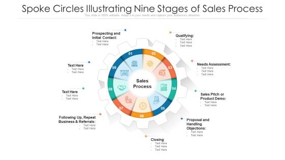 Spoke Circles Illustrating Nine Stages Of Sales Process Ppt PowerPoint Presentation Gallery Background Images PDF
