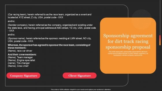 Sponsorship Agreement For Dirt Track Racing Sponsorship Proposal For Drivers Event Proposal Diagrams PDF