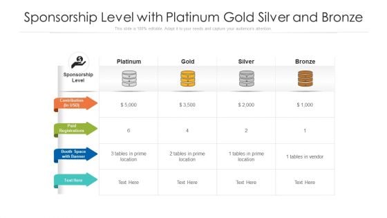 Sponsorship Level With Platinum Gold Silver And Bronze Ppt PowerPoint Presentation Gallery Guide PDF