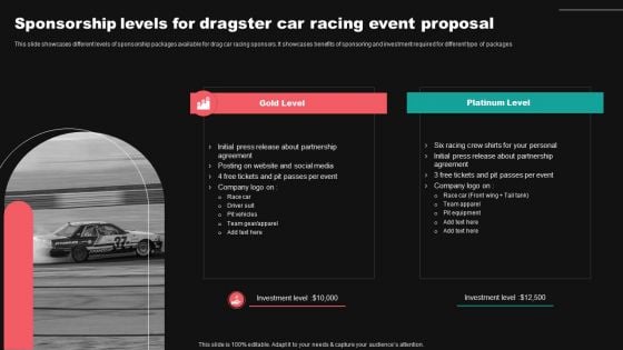 Sponsorship Levels For Dragster Car Racing Event Proposal Ppt Infographics Graphics Design PDF