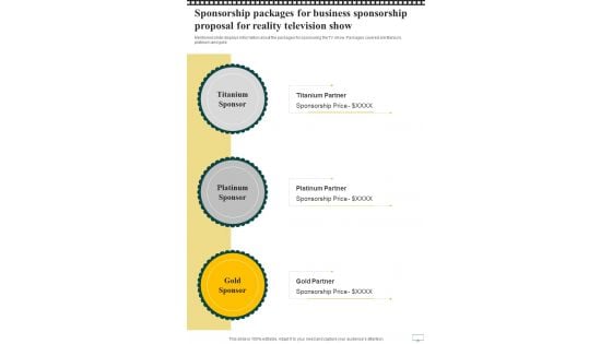 Sponsorship Packages For Business Sponsorship Proposal For Reality Television Show One Pager Sample Example Document Sponsorship Packages For Business Sponsorship Proposal For Reality Television Show One Pager Sample Example Document