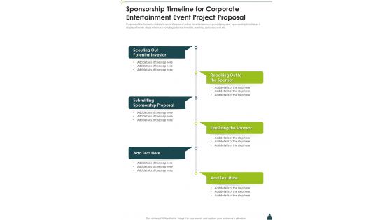 Sponsorship Timeline For Corporate Entertainment Event Project Proposal One Pager Sample Example Document