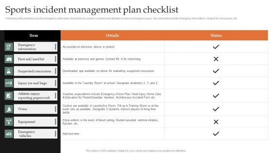 Sports Incident Management Plan Checklist Clipart PDF