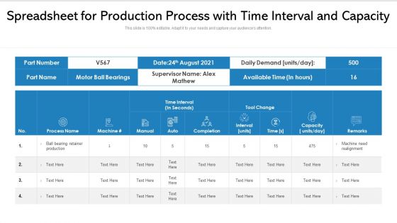 Spreadsheet For Production Process With Time Interval And Capacity Ppt PowerPoint Presentation Inspiration File Formats PDF