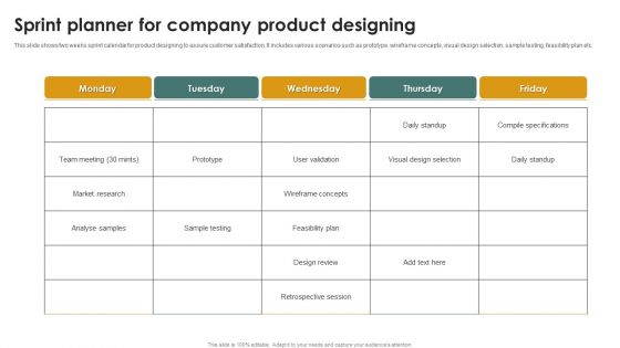 Sprint Planner For Company Product Designing Ppt File Format Ideas PDF