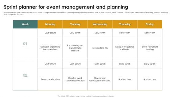 Sprint Planner For Event Management And Planning Ppt Infographic Template Design Templates PDF