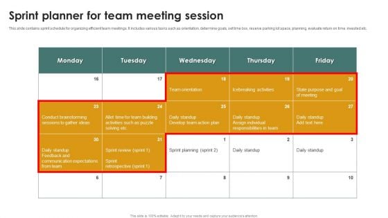 Sprint Planner For Team Meeting Session Ppt File Visual Aids PDF