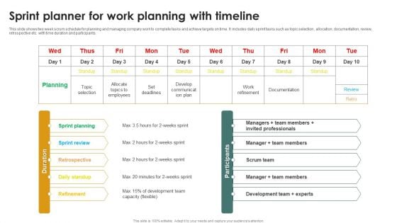 Sprint Planner For Work Planning With Timeline Ppt Visual Aids Pictures PDF