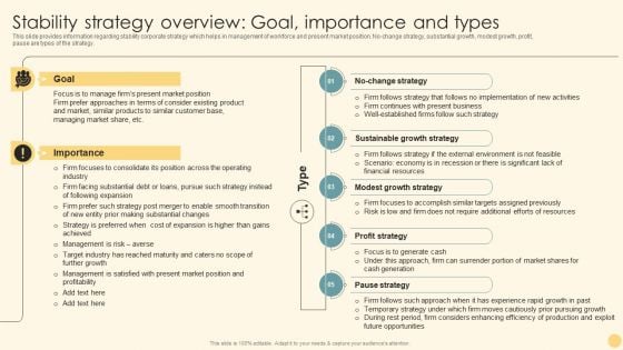 Stability Strategy Overview Goal Importance And Types Ppt PowerPoint Presentation File Example PDF