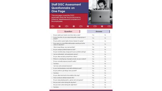 Staff DISC Assessment Questionnaire On One Page PDF Document PPT Template