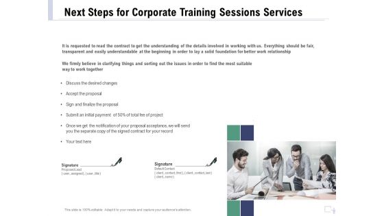 Staff Engagement Training And Development Proposal Next Steps For Corporate Training Sessions Services Elements PDF