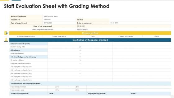 Staff Evaluation Sheet With Grading Method Elements PDF