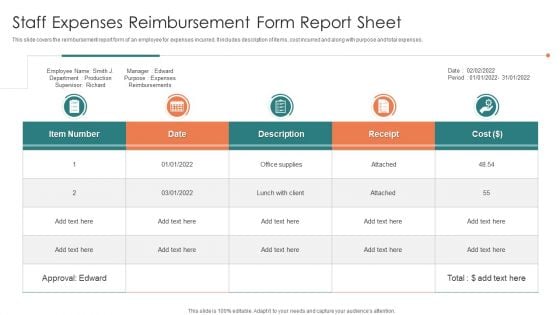 Staff Expenses Reimbursement Form Report Sheet Inspiration PDF