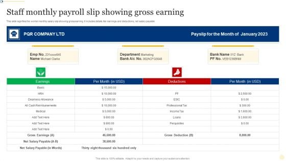 Staff Monthly Payroll Slip Showing Gross Earning Ppt Model Examples PDF Staff Monthly Payroll Slip Showing Gross Earning Ppt Model Examples PDF