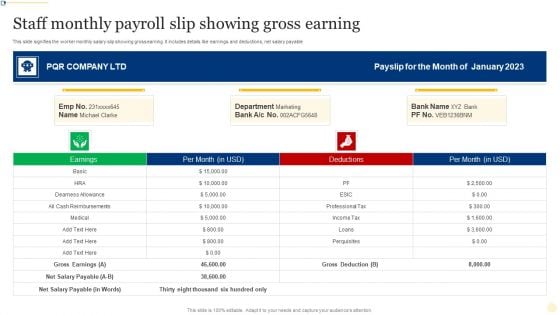 Staff Monthly Payroll Slip Showing Gross Earning Ppt Model Examples PDF