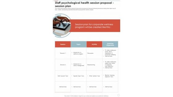 Staff Psychological Health Session Proposal Session Plan One Pager Sample Example Document