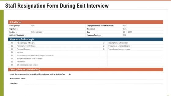 Staff Resignation Form During Exit Interview Ppt Portfolio Ideas PDF