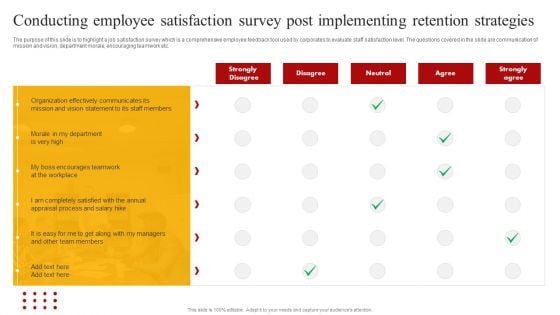 Staff Retention Techniques To Minimize Hiring Expenses Conducting Employee Satisfaction Survey Post Slides PDF