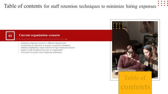 Staff Retention Techniques To Minimize Hiring Expenses Table Of Contents Mockup PDF