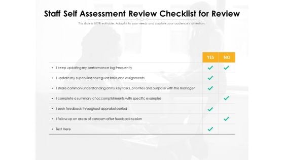 Staff Self Assessment Review Checklist For Review Ppt PowerPoint Presentation File Background Image PDF