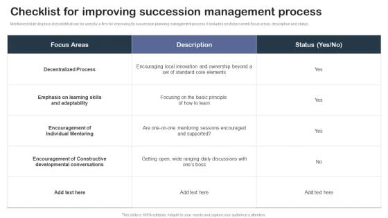 Staff Succession Planning And Development Checklist For Improving Succession Sample PDF