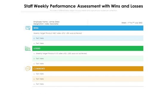 Staff Weekly Performance Assessment With Wins And Losses Ppt PowerPoint Presentation Infographic Template Gallery PDF