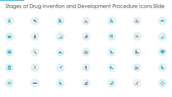 Stages Of Drug Invention And Development Procedure Icons Slide Template PDF